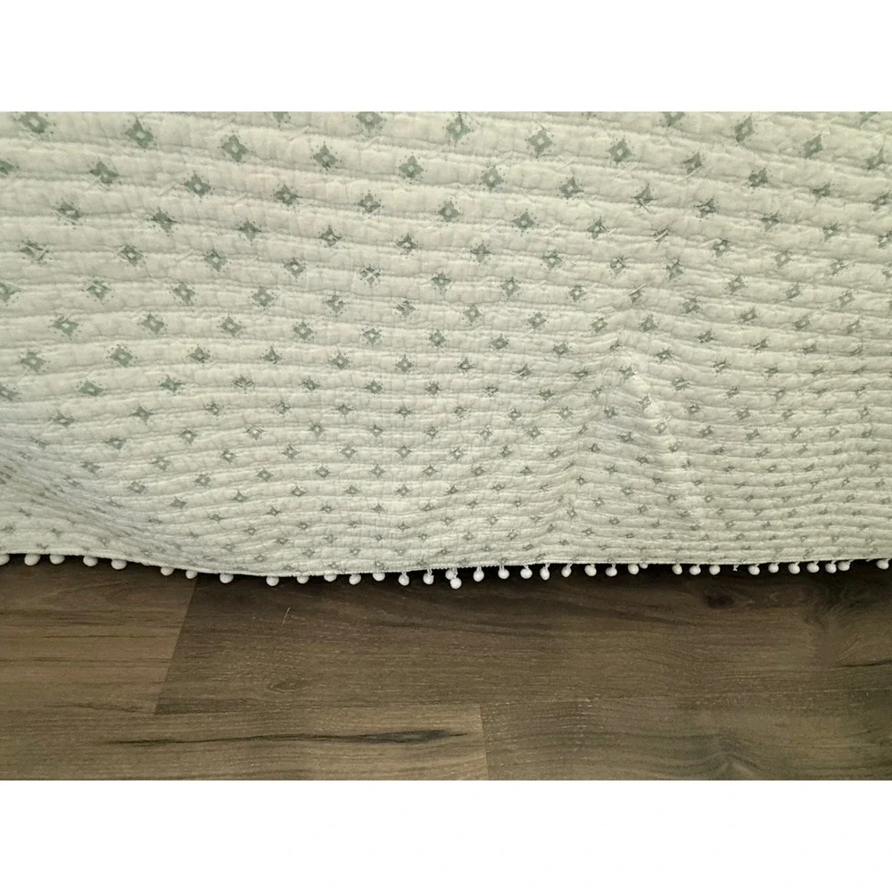 Boho Quilted King Bedding Set White Sage Green Pom Pom Trim Quilt 2 Shams